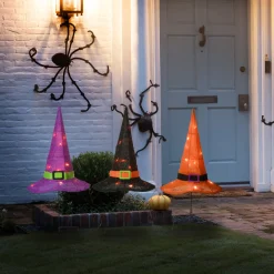 National Tree Company 23 in. Halloween Orange,Black and Purple Witchs Hat Garden Stakes with LED Lights