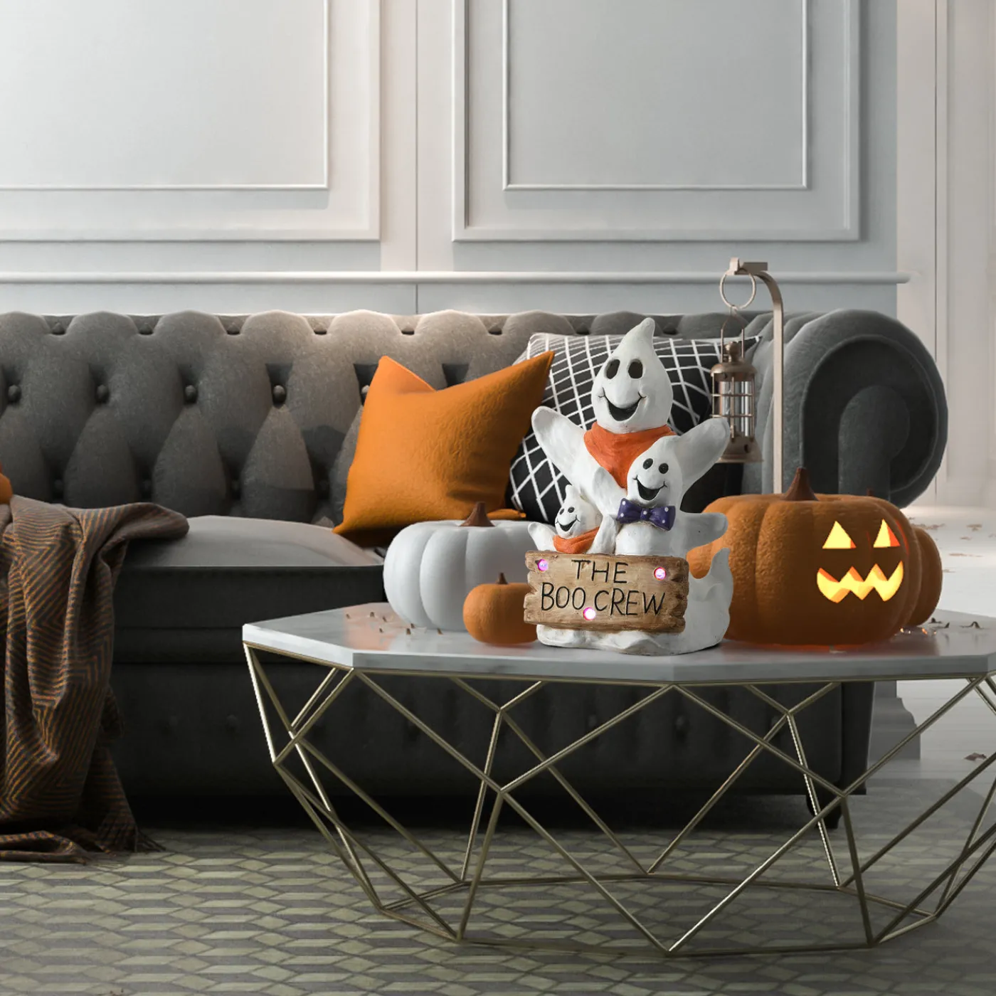 National Tree Company 21 in. Halloween Pre-Lit 3 Ghosts with The Boo Crew Sign Table Decoration and Multi Color LED Lights