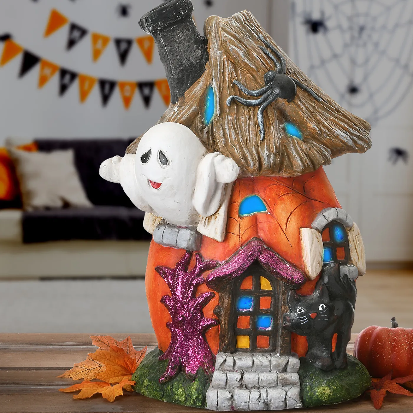 National Tree Company 18 in. Halloween Pre-Lit Pumpkin Haunted House Decoration with LED Lights