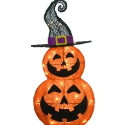 National Tree Company 19 in. Halloween Pre-Lit Stacked Pumpkins in Witchs Hat Outdoor Decoration with LED Lights