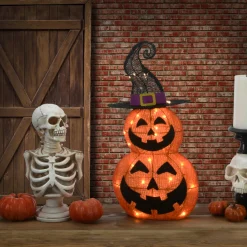 National Tree Company 19 in. Halloween Pre-Lit Stacked Pumpkins in Witchs Hat Outdoor Decoration with LED Lights