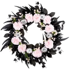 National Tree Company 26 in. Halloween Pretty Morbid Pink Carnation Wreath with Silver Pumpkins