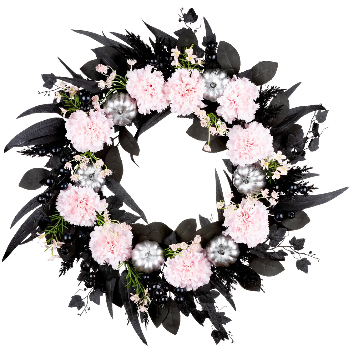 National Tree Company 26 in. Halloween Pretty Morbid Pink Carnation Wreath with Silver Pumpkins