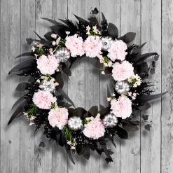 National Tree Company 26 in. Halloween Pretty Morbid Pink Carnation Wreath with Silver Pumpkins