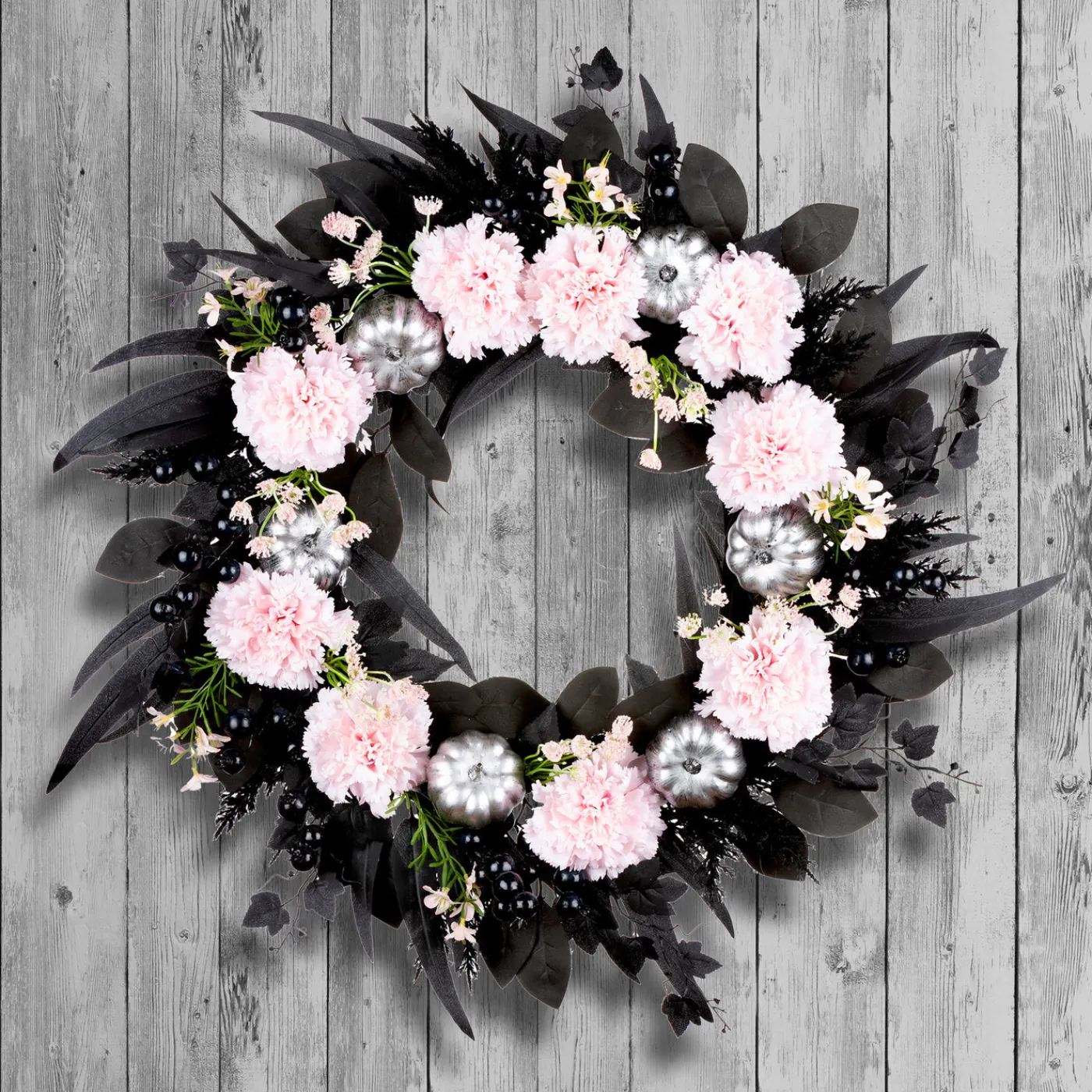 National Tree Company 26 in. Halloween Pretty Morbid Pink Carnation Wreath with Silver Pumpkins