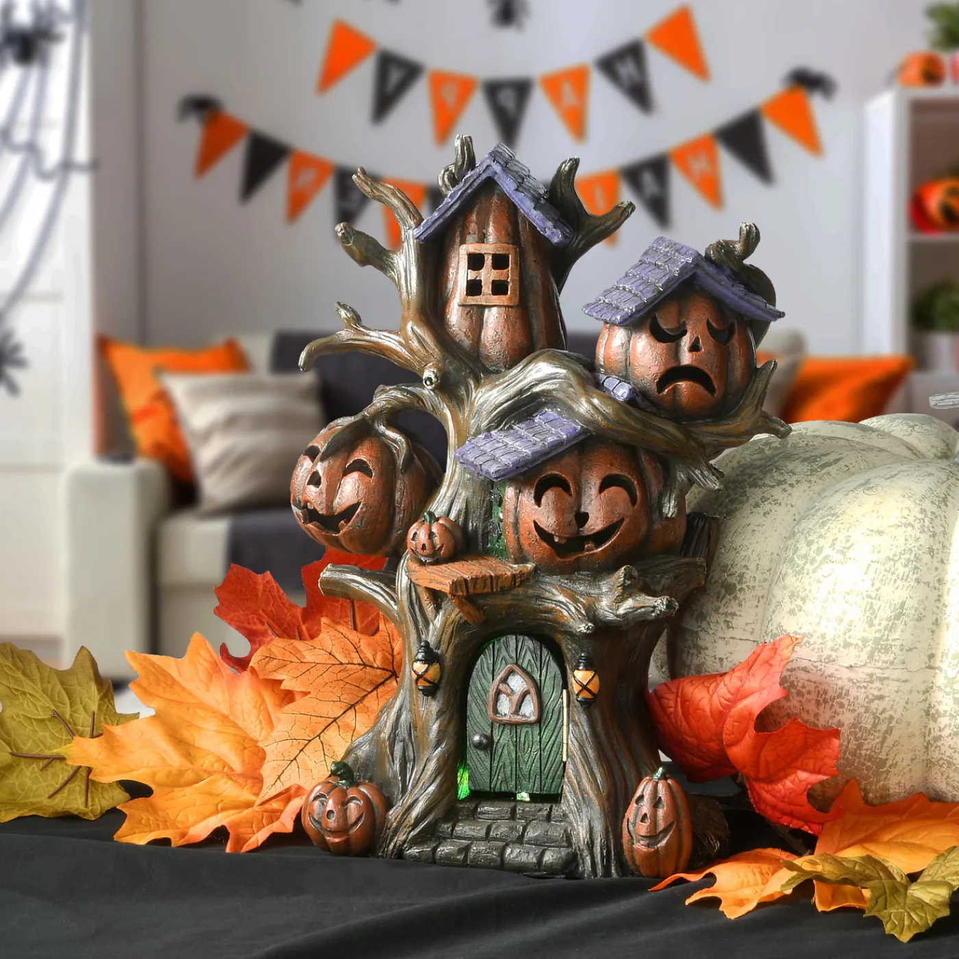 National Tree Company 12 in. Halloween Pumpkin Tree House with Multi Color LED Lights