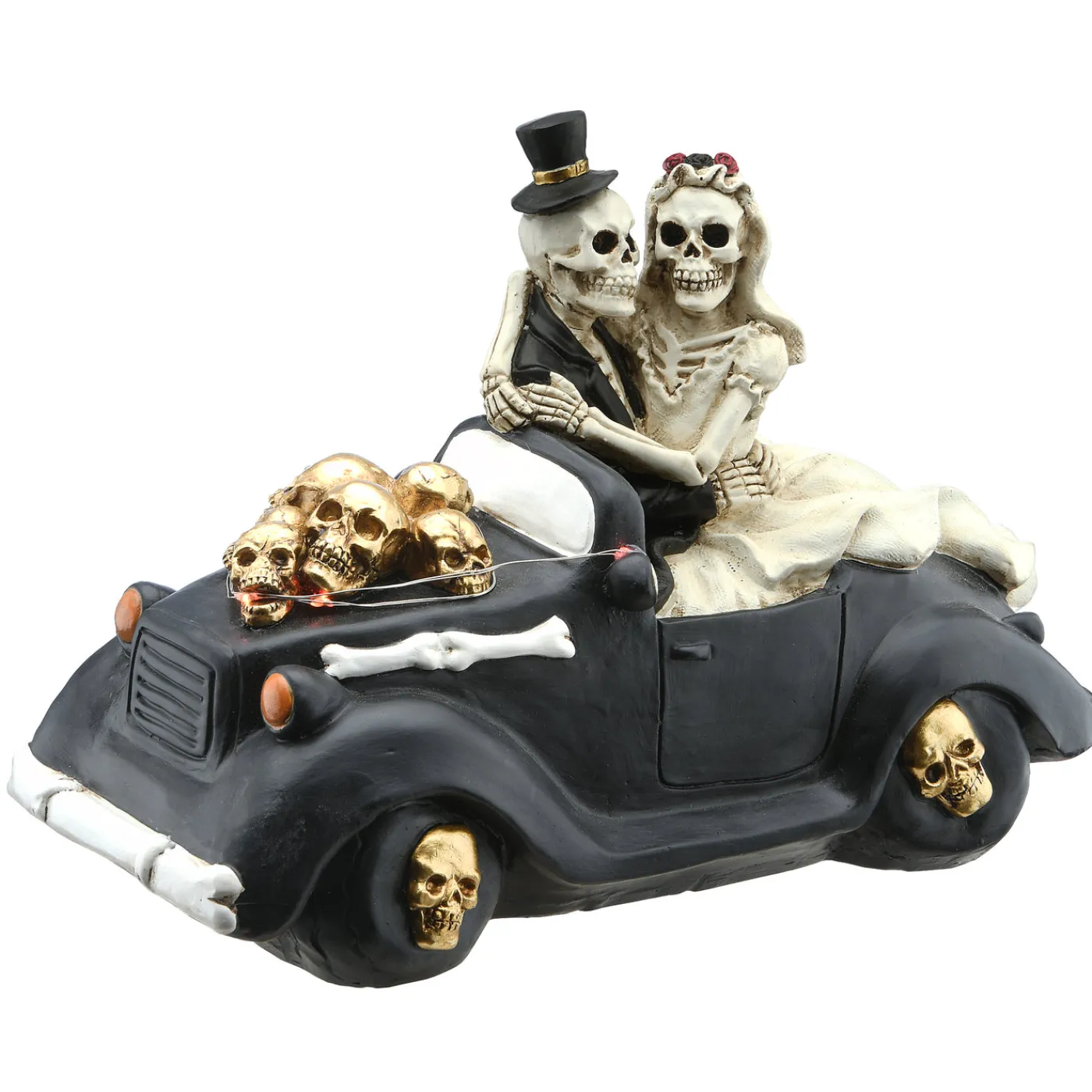 National Tree Company 8 in. Halloween Skeleton Bride and Groom in Black Car with LED Lights