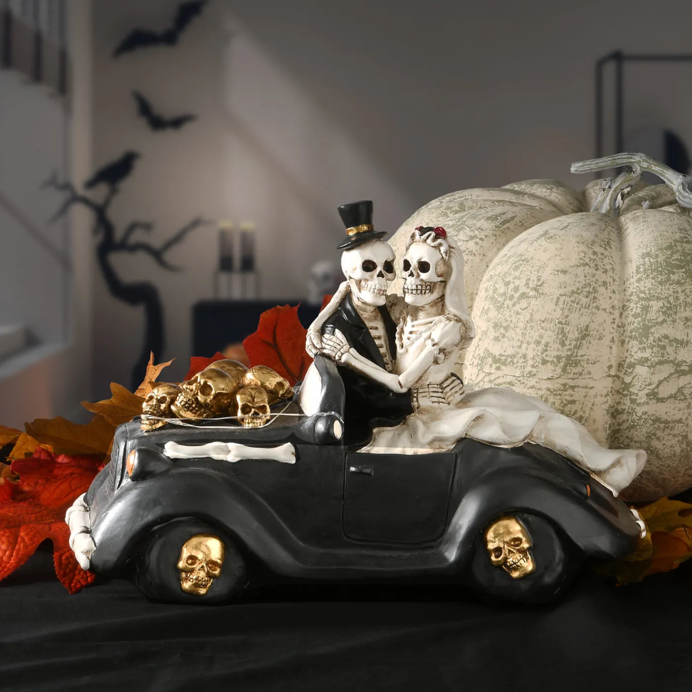 National Tree Company 8 in. Halloween Skeleton Bride and Groom in Black Car with LED Lights