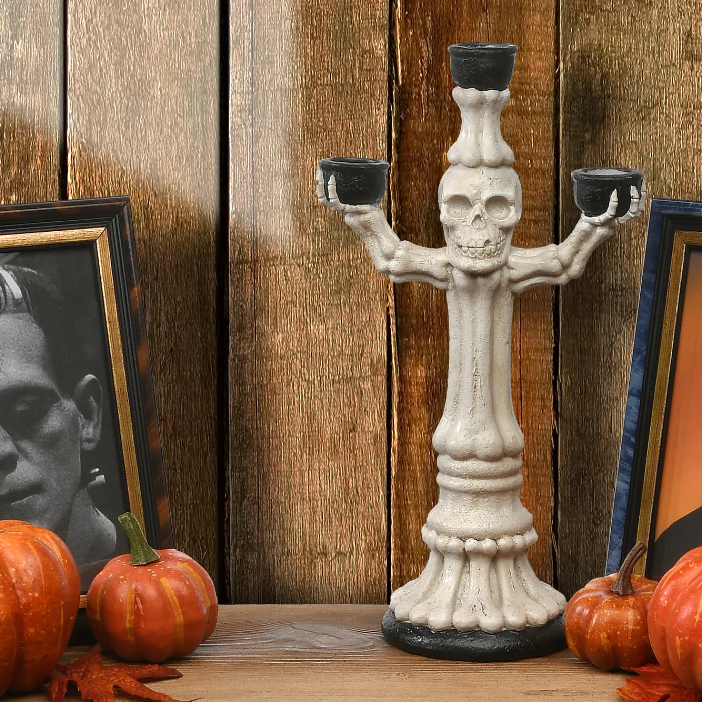 National Tree Company 12 in. Halloween Skeleton Candelabra Holds Three Candles