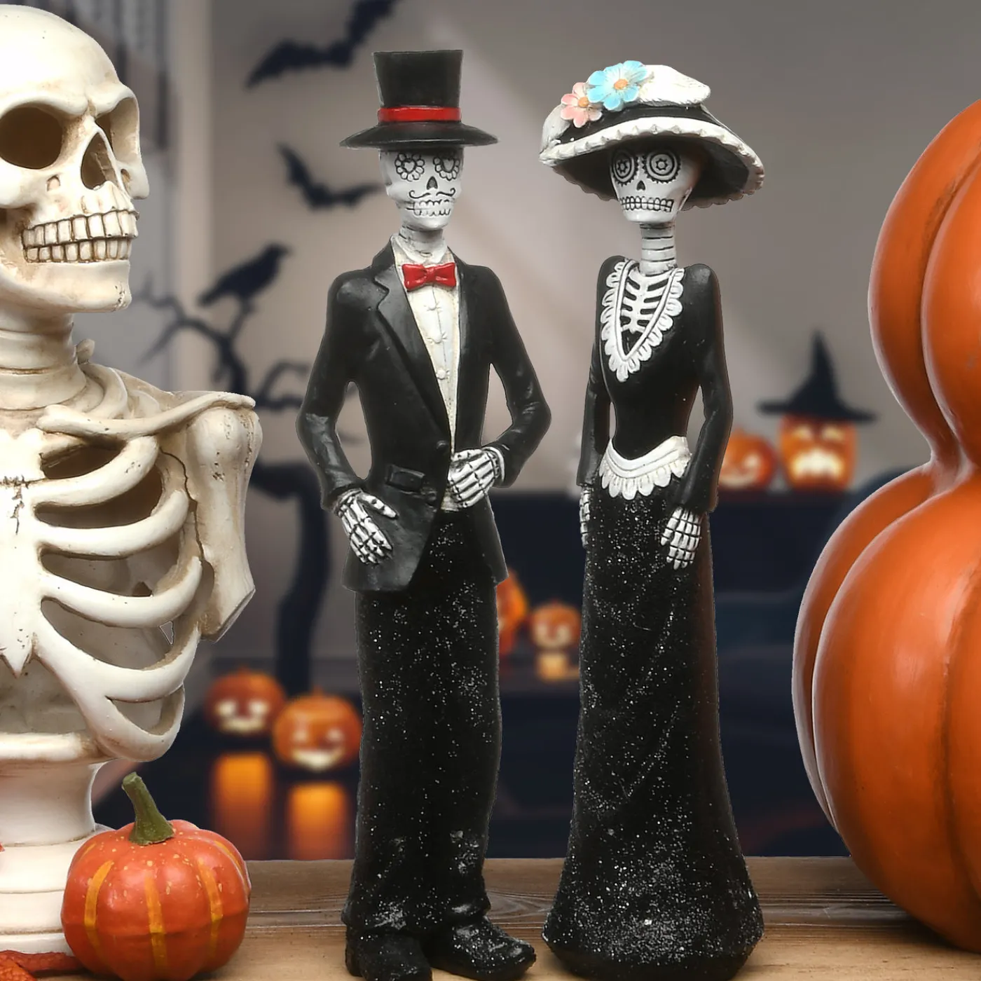 National Tree Company 13 in. Halloween Skeleton Couple in Formal Attire Decoration