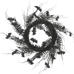 National Tree Company 24 in. Halloween Spooky Wreath with Bats, Fern Leaves, Branches