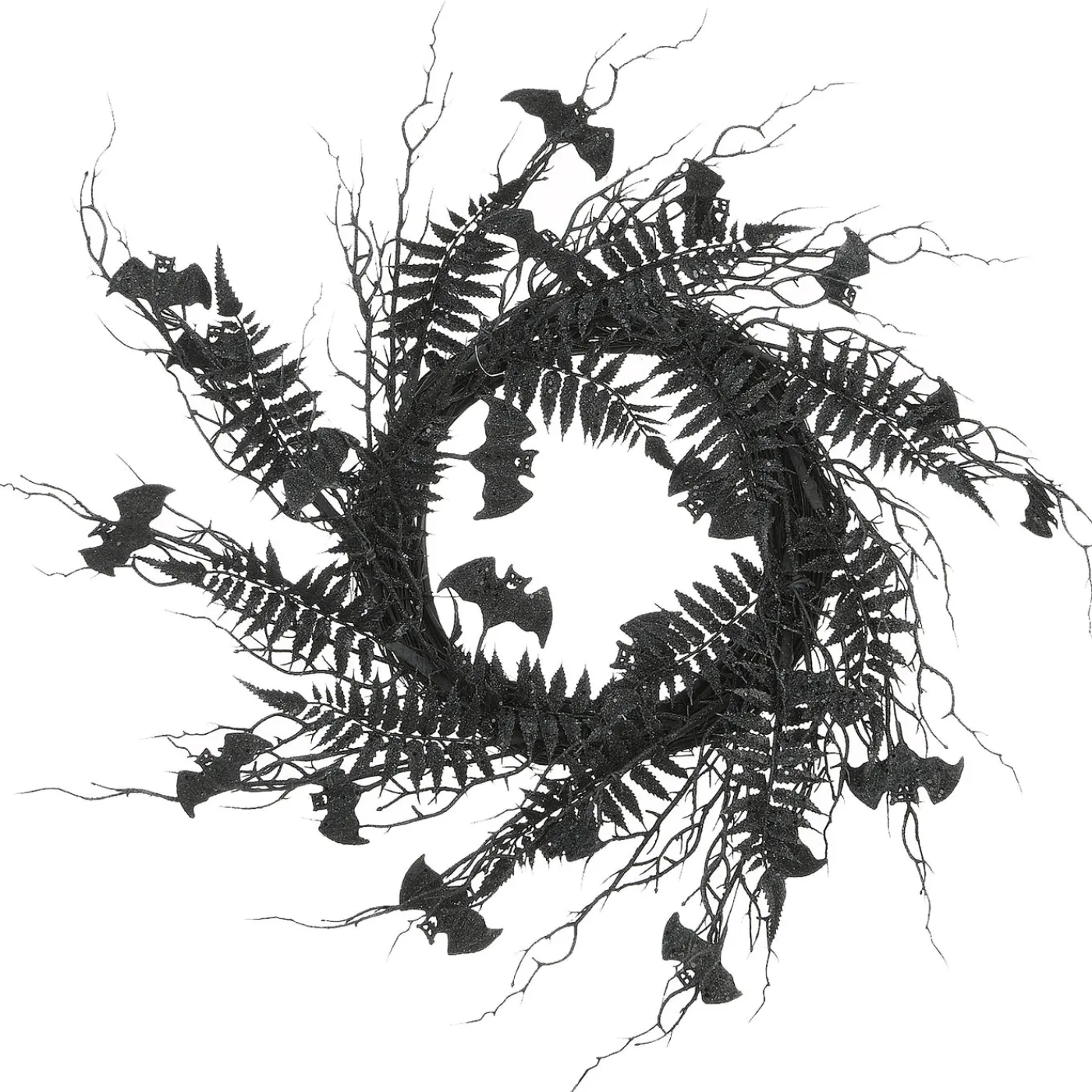 National Tree Company 24 in. Halloween Spooky Wreath with Bats, Fern Leaves, Branches