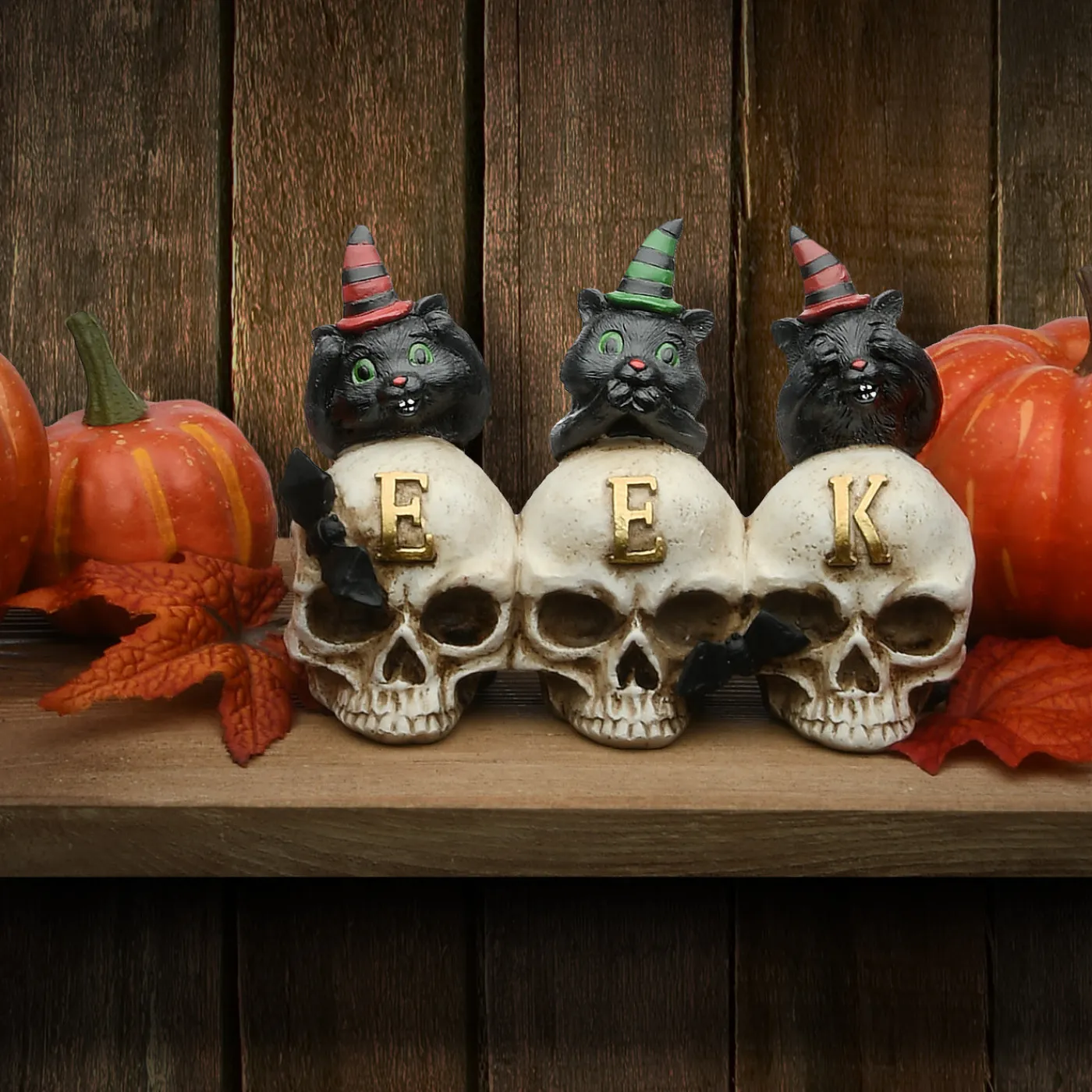 National Tree Company 5 in. Halloween Three Black Cats and EEK Skull Sign Decoration
