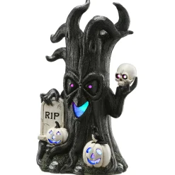 National Tree Company 15 in. Halloween Tree Holding Skull and RIP Tombstone with LED Lights