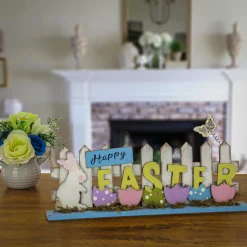 National Tree Company 16 in. Happy Easter Picket Fence Table Decoration, Designed with Painted Eggs and Butterfly