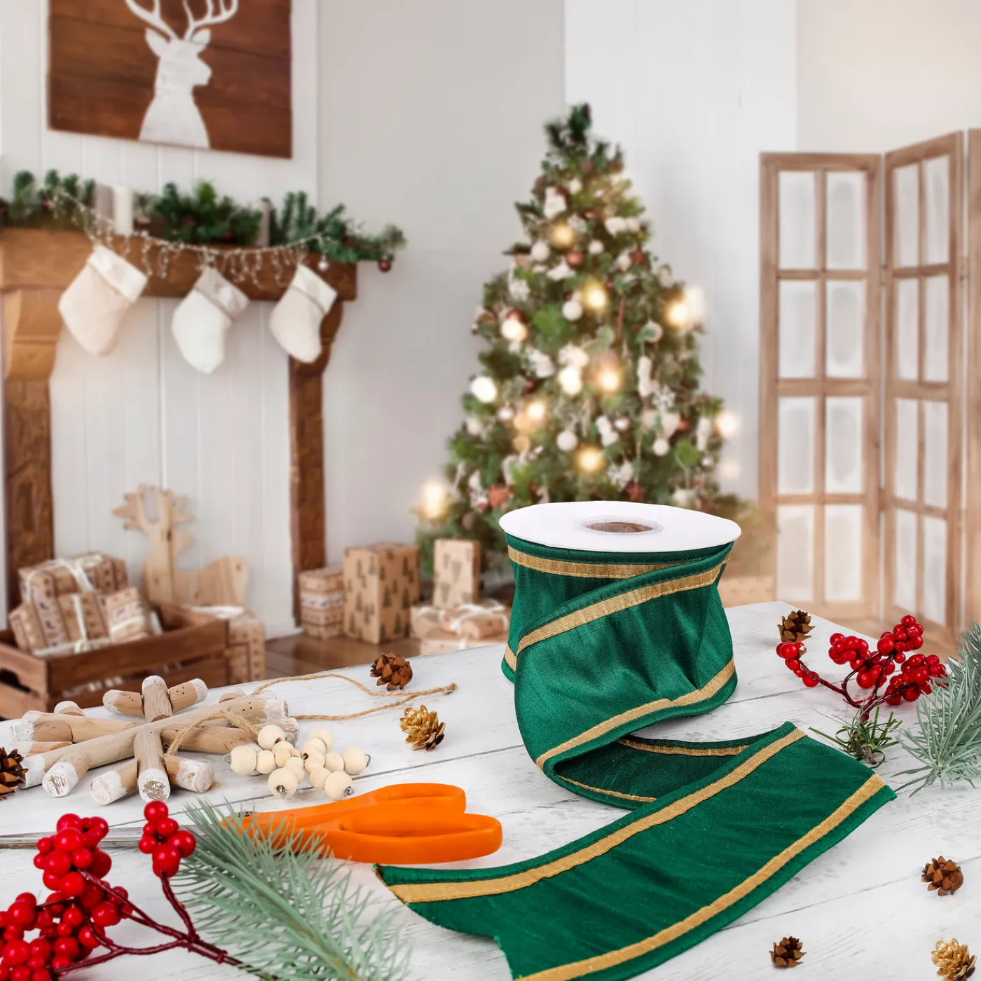 National Tree Company 3 in. HGTV Home Collection Dupioni Double-Sided Ribbon, Green & Gold