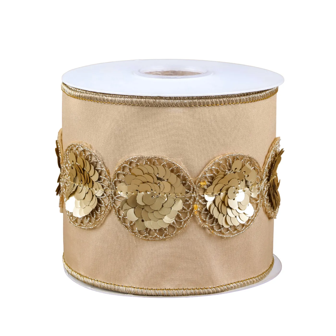 National Tree Company 4 in. HGTV Home Collection Sequin Beaded Taffeta Ribbon, Beige