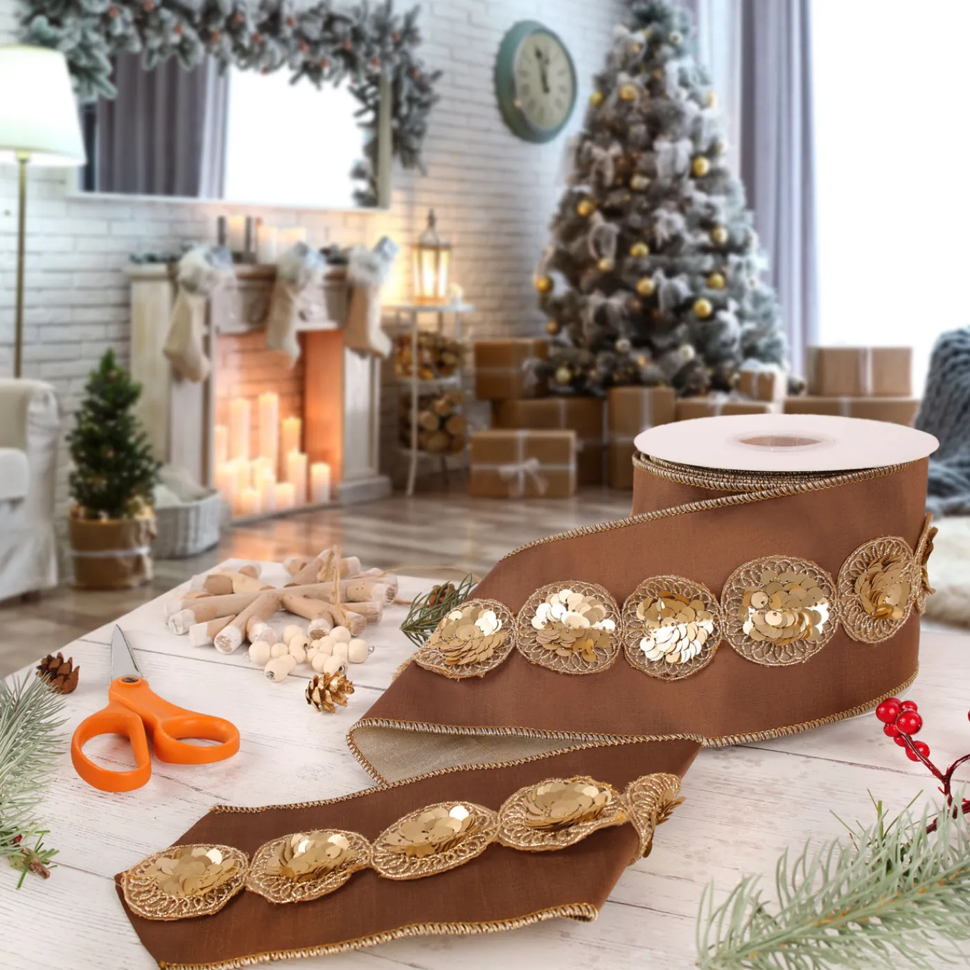 National Tree Company 4 in. HGTV Home Collection Sequin Beaded Taffeta Ribbon, Brown