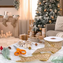National Tree Company 2.5 in. HGTV Home Collection Dupioni Gold Beaded Ribbon
