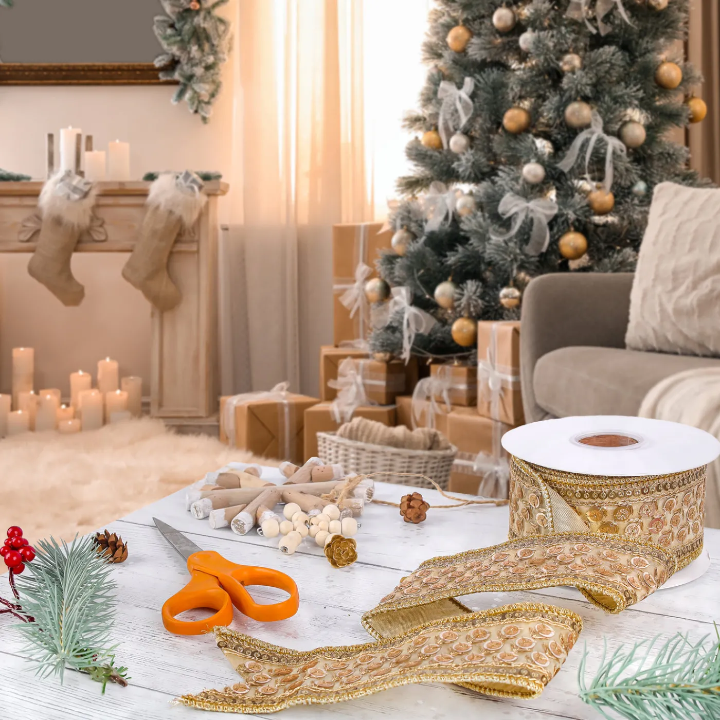 National Tree Company 2.5 in. HGTV Home Collection Dupioni Gold Beaded Ribbon
