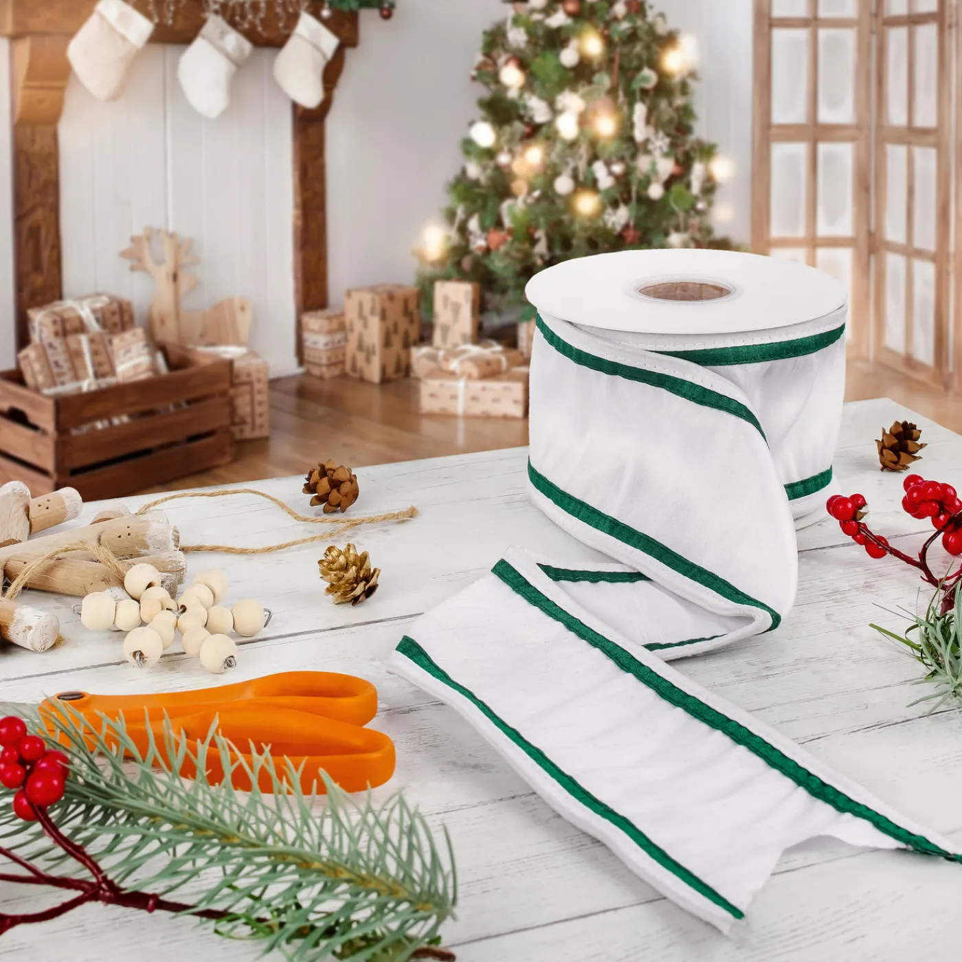 National Tree Company 3 in. HGTV Home Collection Dupioni Double-Sided Ribbon, White & Green