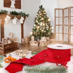 National Tree Company 3 in. HGTV Home Collection Dupioni Button Ribbon, Red