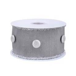 National Tree Company 3 in. HGTV Home Collection Dupioni Button Ribbon, Silver
