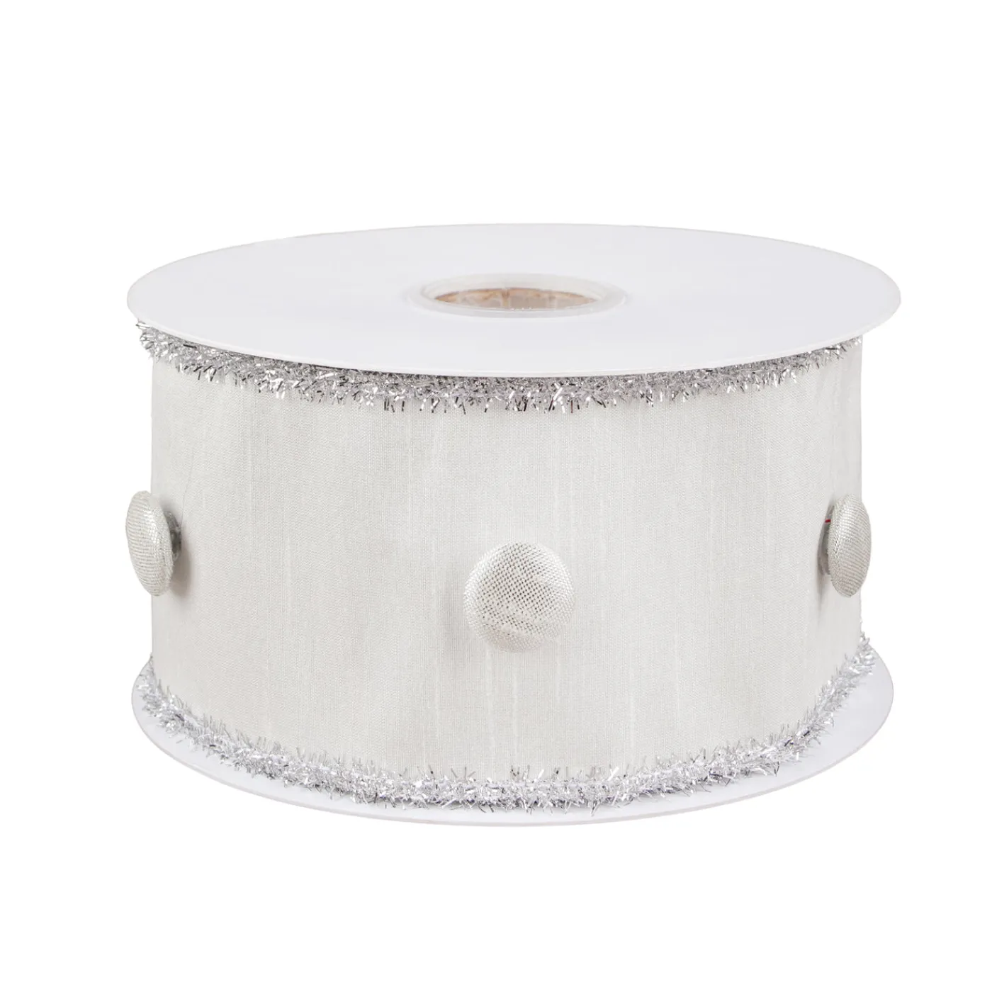National Tree Company 3 in. HGTV Home Collection Dupioni Button Ribbon, White