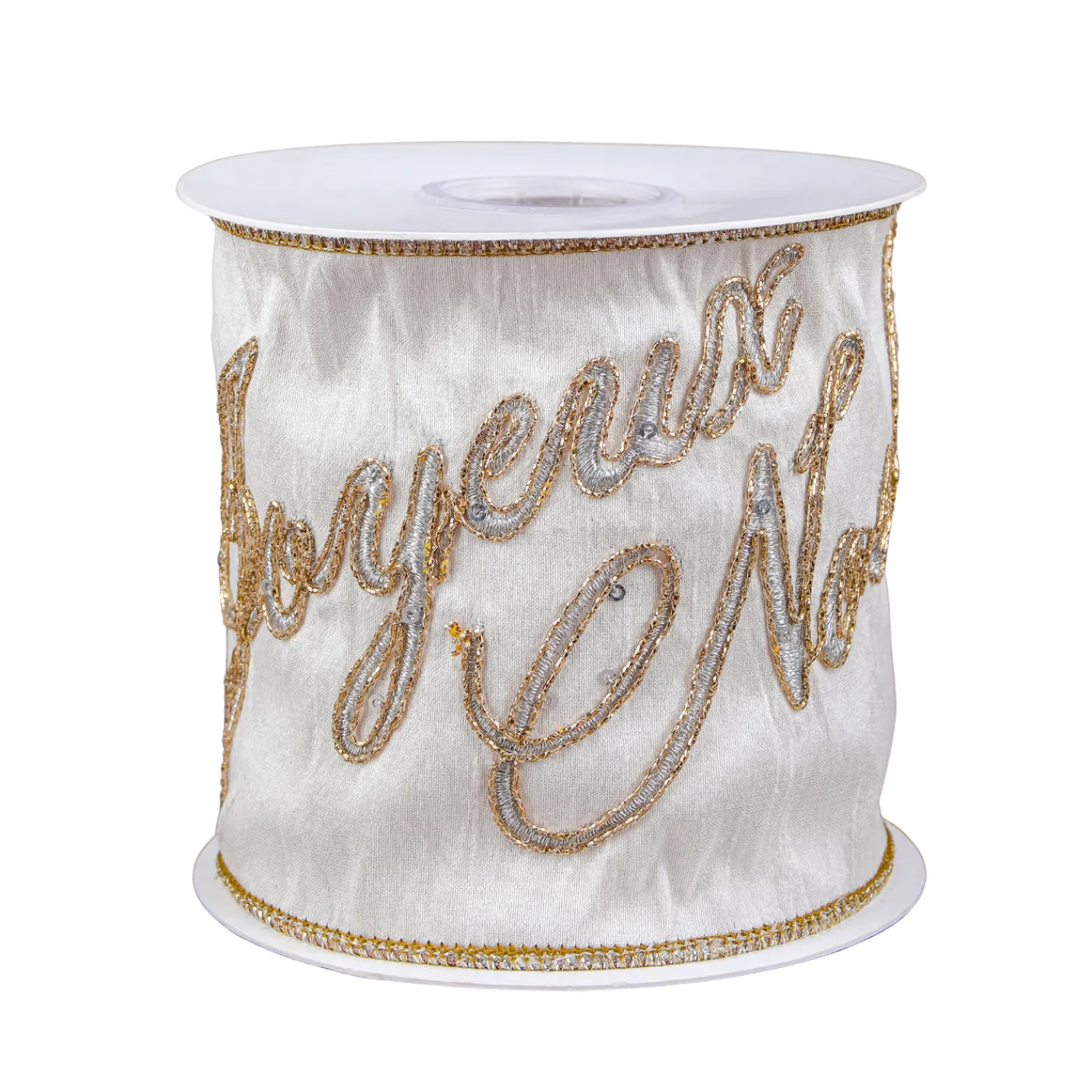 National Tree Company 4 in. HGTV Home Collection Dupioni Embroidered Joyuex Noel Ribbon