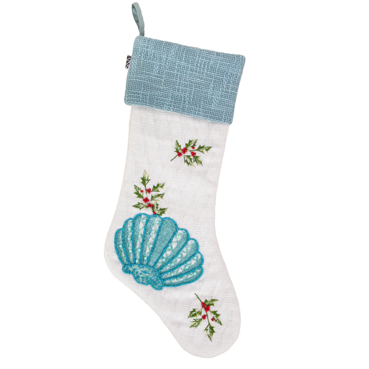 National Tree Company 20 in. HGTV Home Collection Embroidered Blue Shell Stocking