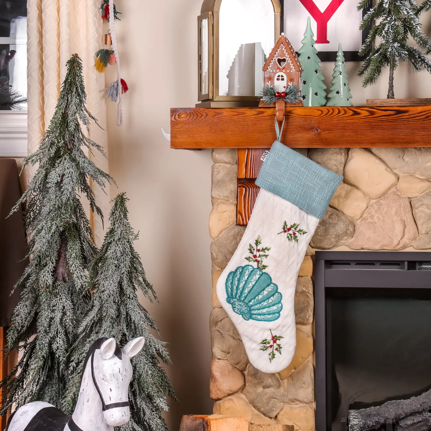 National Tree Company 20 in. HGTV Home Collection Embroidered Blue Shell Stocking