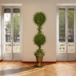 National Tree Company 60 in. Mini Tea Leaf 2 Ball Topiary with Black in a Gold Urn