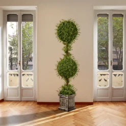 National Tree Company 60 in. Mini Tea Leaf 2 Ball Topiary in a Silver Square Pot