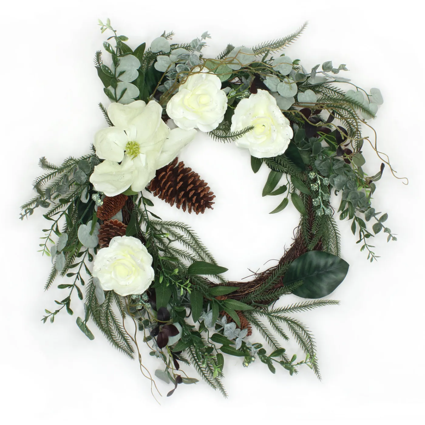 National Tree Company 26 in. Mixed Greens and White Flowers Decorated Wreath
