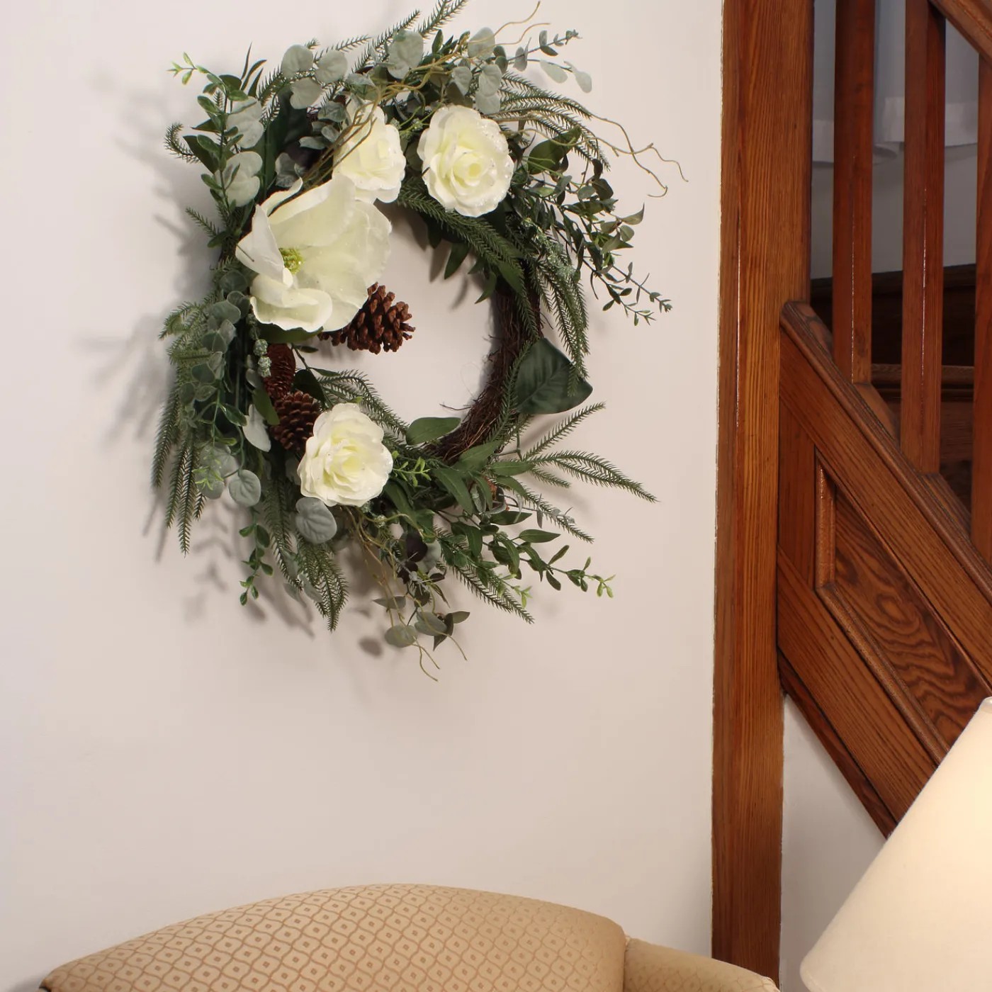 National Tree Company 26 in. Mixed Greens and White Flowers Decorated Wreath