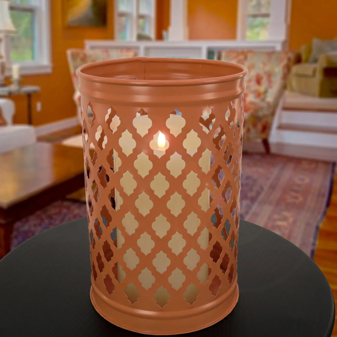 National Tree Company 12 in. Modern Design and Finish Pastel Orange Outdoor Lantern Candleholder