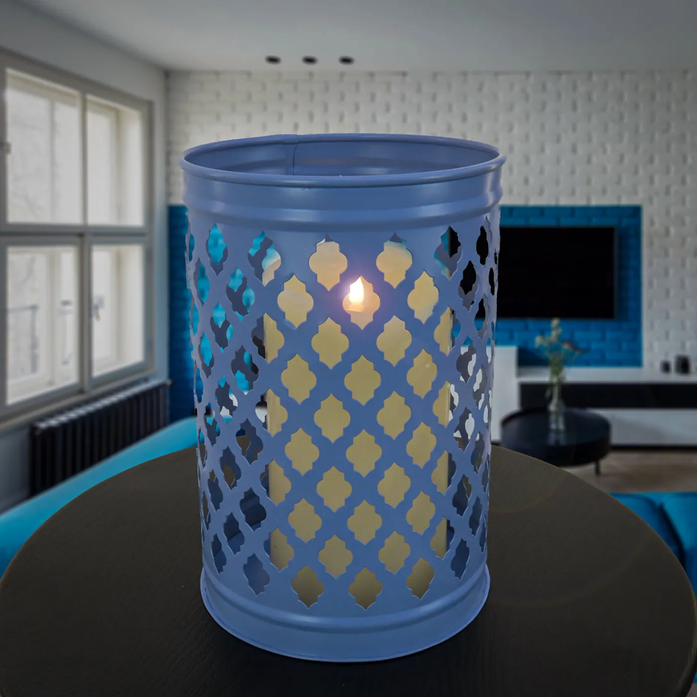 National Tree Company 12 in. Modern Design and Finish Ice Melt Blue Outdoor Lantern Candleholder