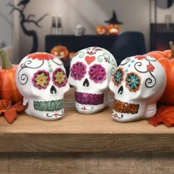 National Tree Company 3 in. 3-Pack Halloween Ghost Day of the Dead Decorated Skulls