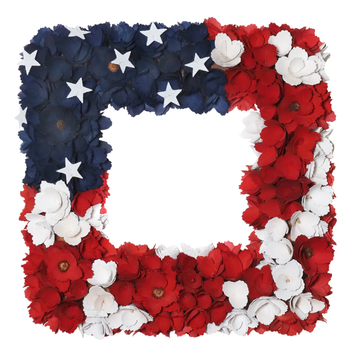 National Tree Company 22 in. Patriotic Hanging Square Wreath with Red White and Blue Flowers Stars