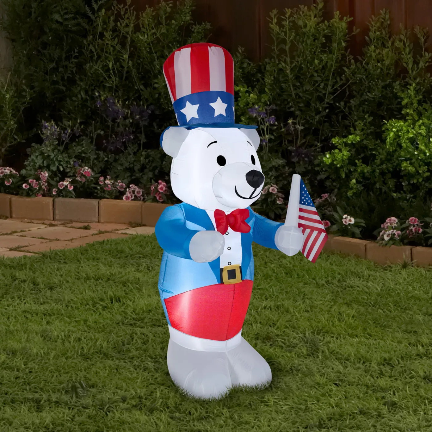 National Tree Company 48 in. Patriotic Inflatable Decoration, Blue White Bear wearing Red White and Blue Suit and Hat