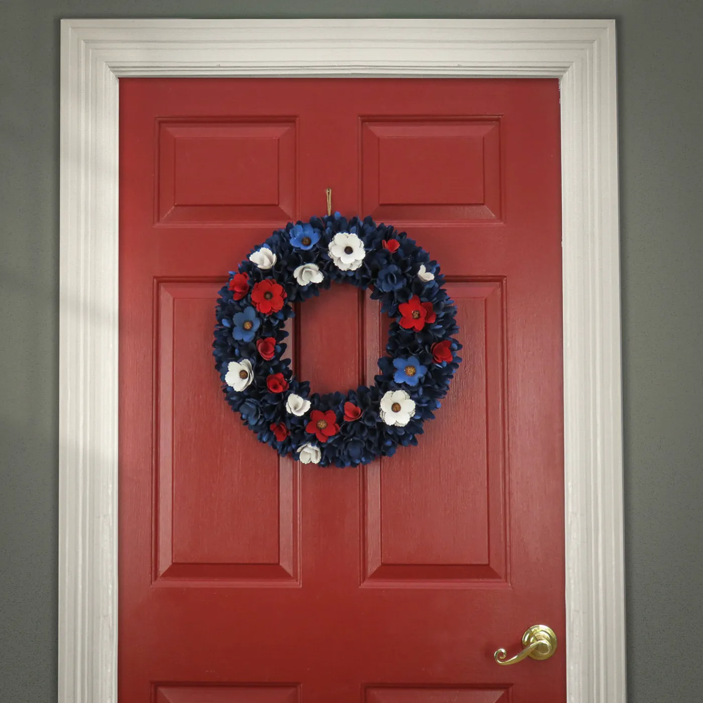 National Tree Company 20 in. Patriotic Wreath Decoration with Red, White and Blue Flower Blooms, Blue Petals