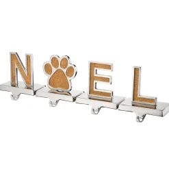 National Tree Company 5 in. 4-Piece Gold Sparkle NOEL Christmas Stocking Holders, Gold and Silver with Paw Print