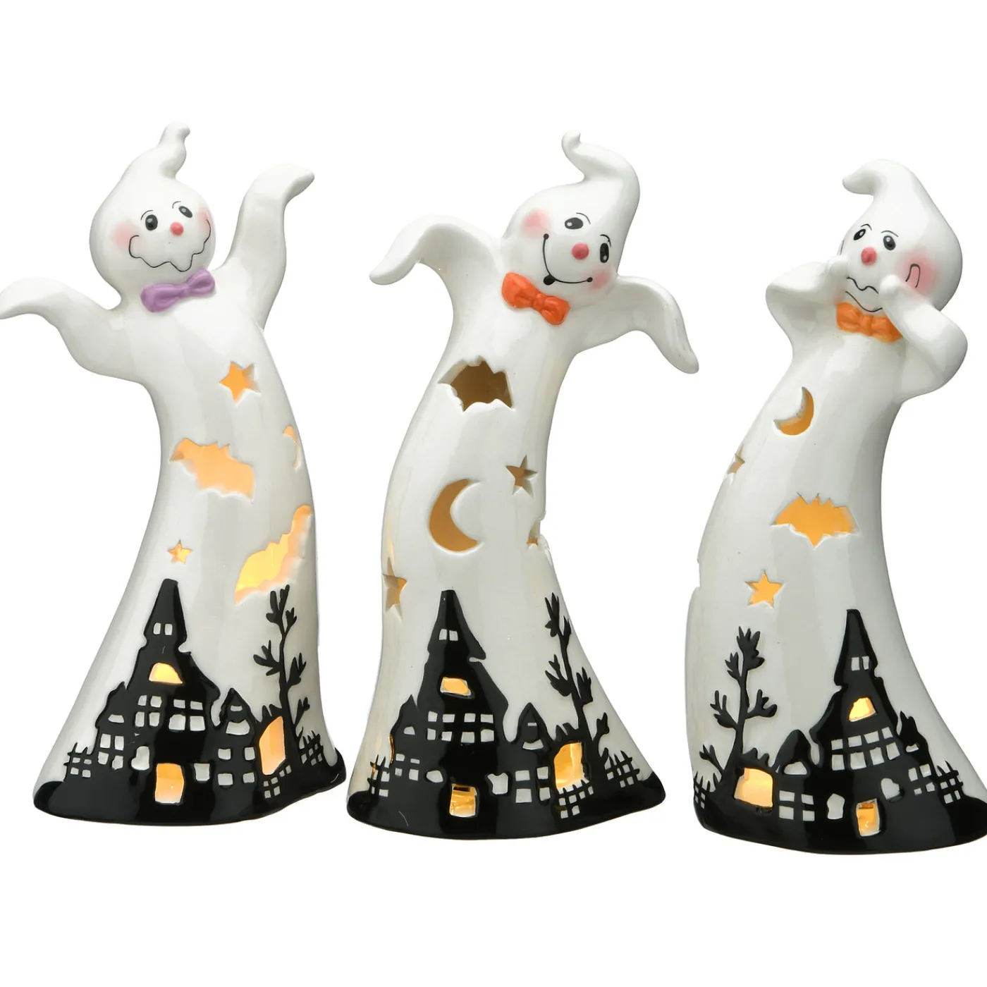 National Tree Company 7 in. 3-Piece Halloween Three Dancing Ghosts Ceramic Decoration with LED Lights