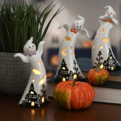 National Tree Company 7 in. 3-Piece Halloween Three Dancing Ghosts Ceramic Decoration with LED Lights