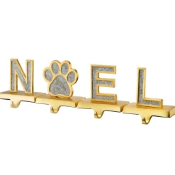 National Tree Company 5 in. 4-Piece Silver Sparkle NOEL Christmas Stocking Holders, Silver and Gold with Paw Print