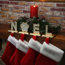 National Tree Company 5 in. 4-Piece Silver Sparkle NOEL Christmas Stocking Holders, Silver and Gold with Paw Print