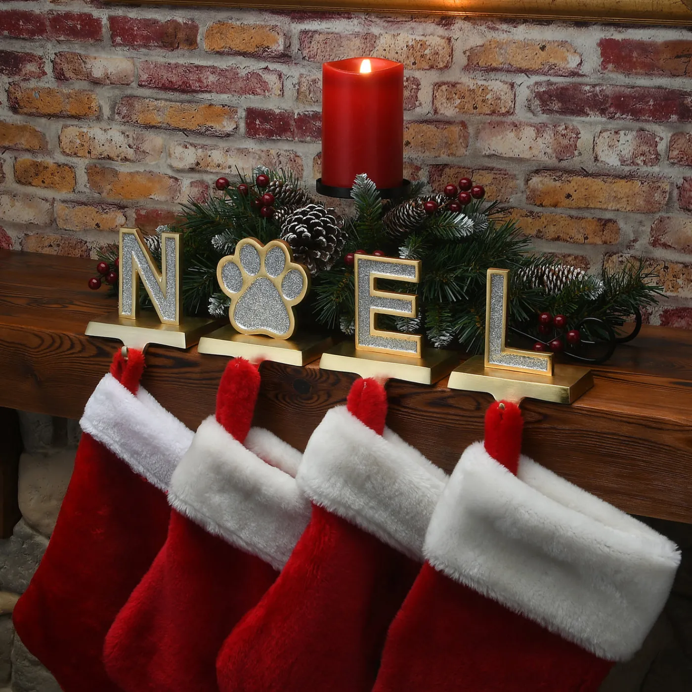 National Tree Company 5 in. 4-Piece Silver Sparkle NOEL Christmas Stocking Holders, Silver and Gold with Paw Print