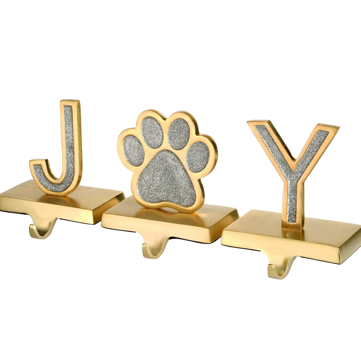 National Tree Company 5 in. 3-Piece Silver Sparkle JOY Christmas Stocking Holders, Silver and Gold with Paw Print