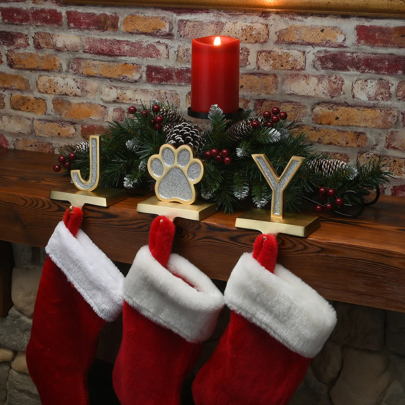 National Tree Company 5 in. 3-Piece Silver Sparkle JOY Christmas Stocking Holders, Silver and Gold with Paw Print