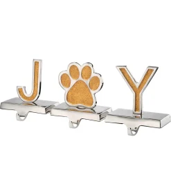 National Tree Company 5 in. 3-Pieces Gold Sparkle JOY Christmas Stocking Holders, Gold and Silver with Paw Print